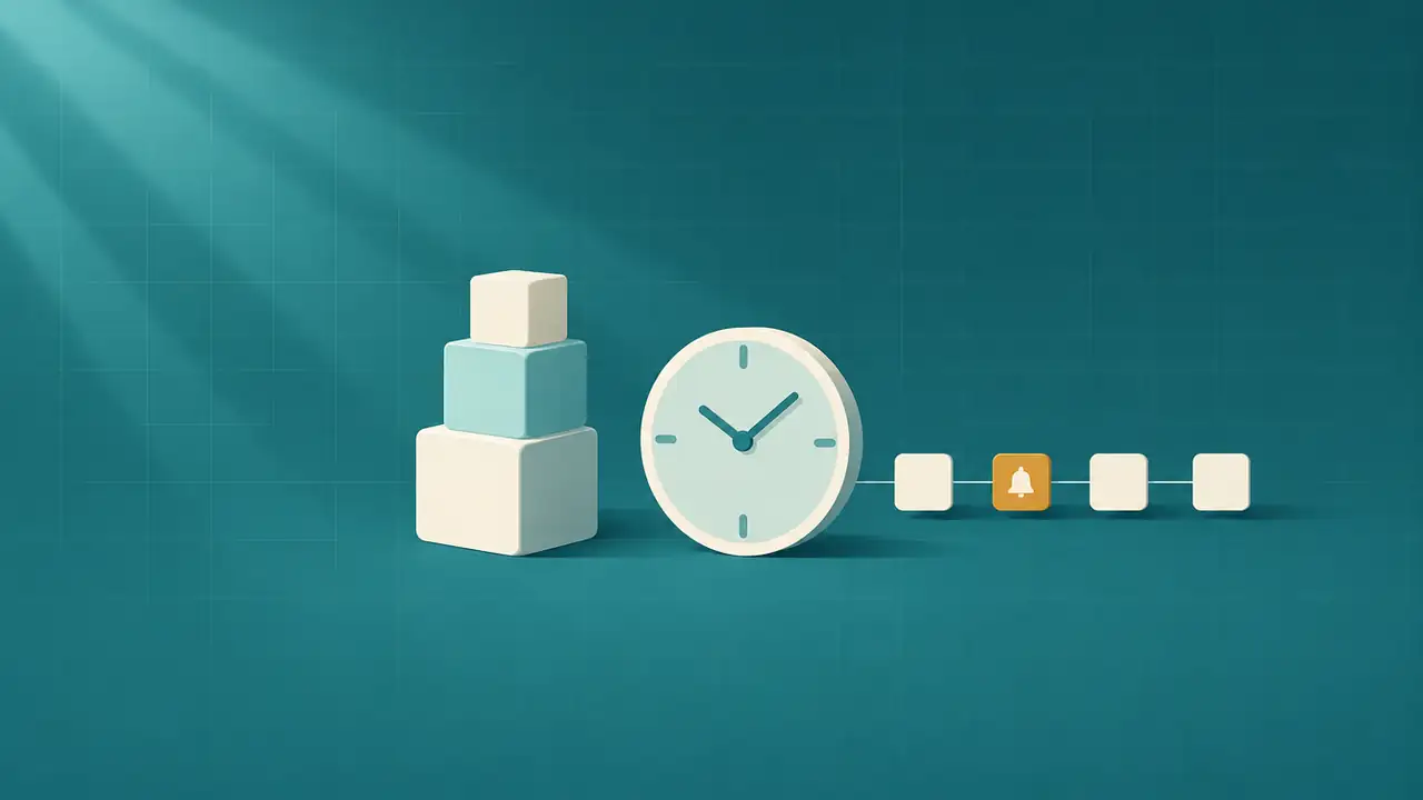 Illustration of stacked blocks beside a clock and a chain of records, one marked with a notification bell