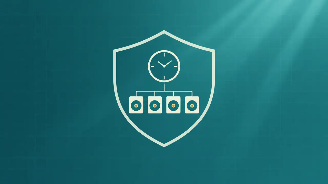 Illustration of a shield holding a clock above four timestamped records