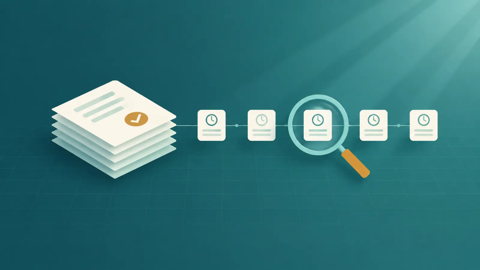 Illustration of a stack of approved documents linked to a chain of timestamped records, one under a magnifying glass