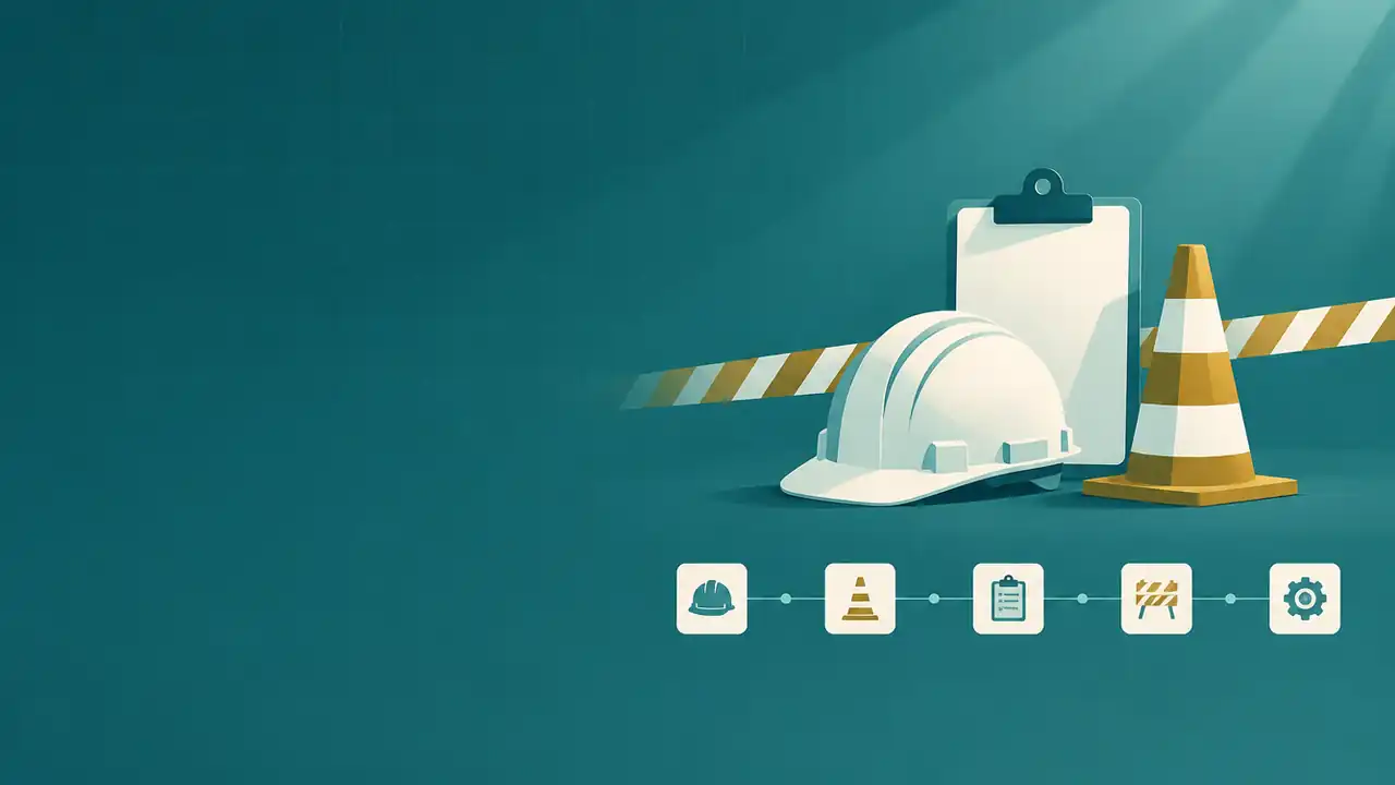 Illustration of a hard hat, clipboard and traffic cone beside a row of incident steps