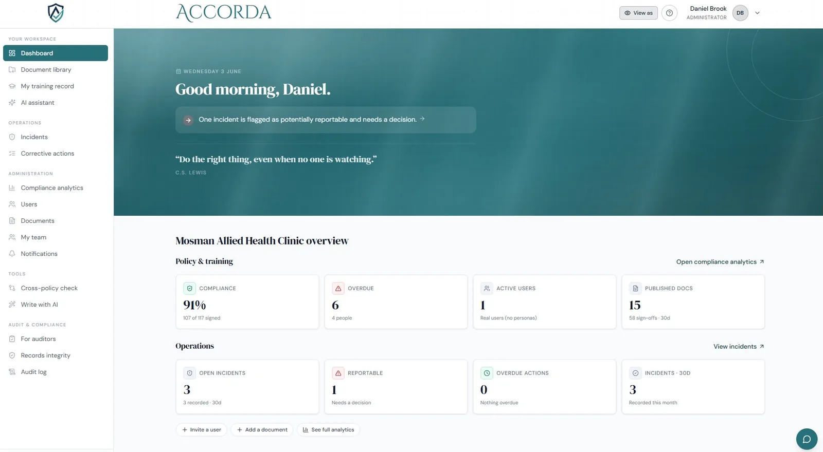 Accorda dashboard showing compliance rate, overdue items, open incidents and reportable count