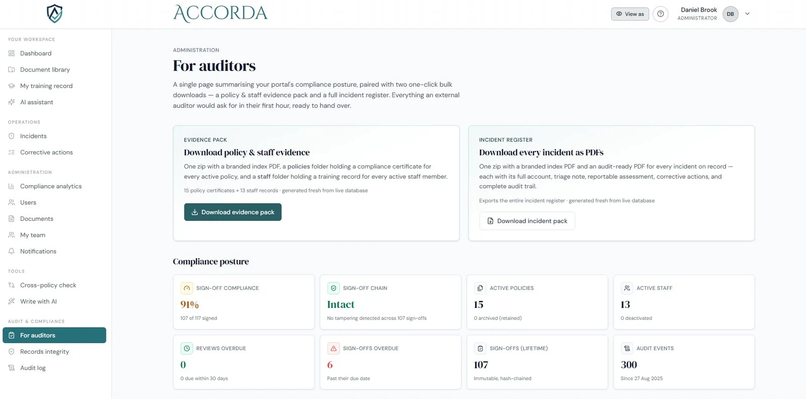 Accorda auditor page with evidence pack and incident register downloads