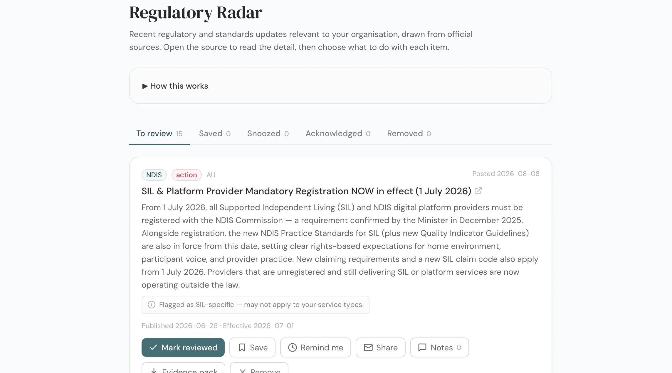 Accorda Regulatory Radar feed showing NDIS updates flagged for action with source and effective dates