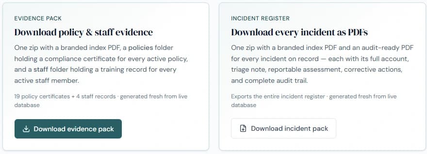 The For auditors page in Accorda: one-click bulk downloads of a policy and staff evidence pack and a full incident register, generated from live records