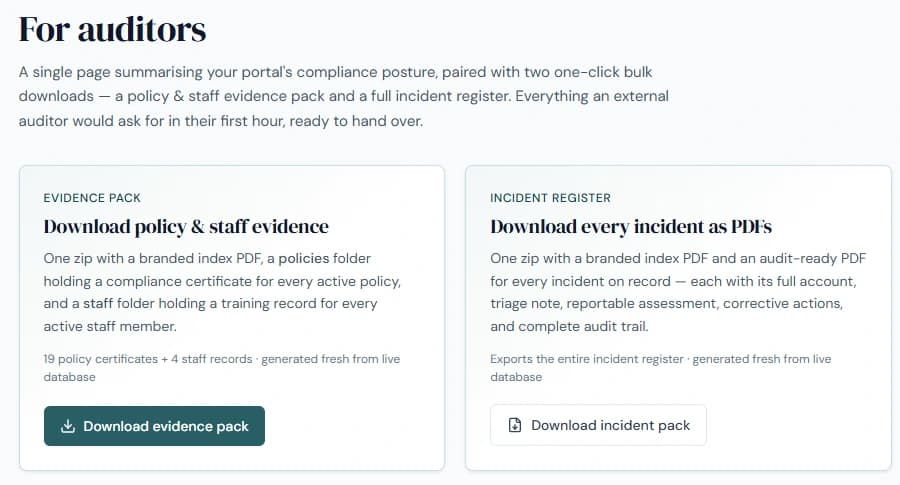 The For auditors page in Accorda: one-click bulk downloads of a policy and staff evidence pack and a full incident register, generated from live records