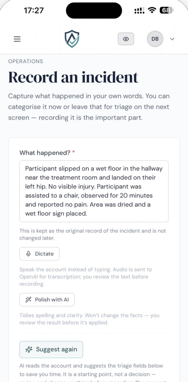 Accorda incident capture screen on a phone, with the account typed in plain words