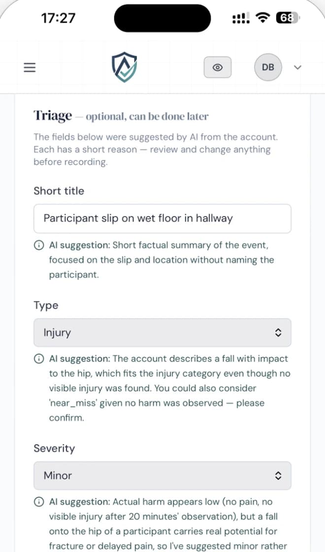 Accorda triage screen on a phone, suggesting title, type, severity and related policy with a short reason for each