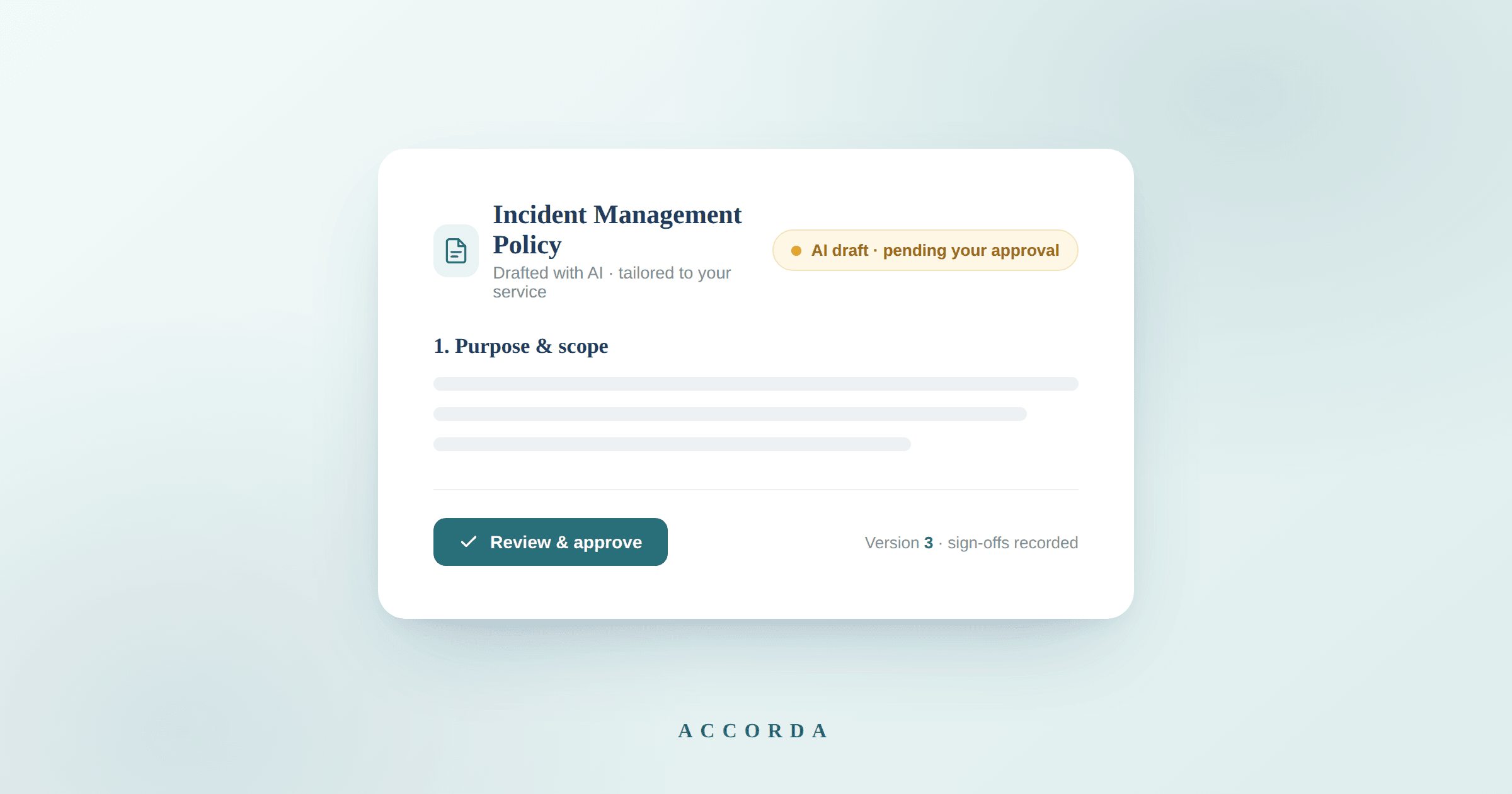 A floating white policy-document card on a pale teal background, with an "AI draft — pending your approval" status chip, representing Accorda's AI Policy Writer.