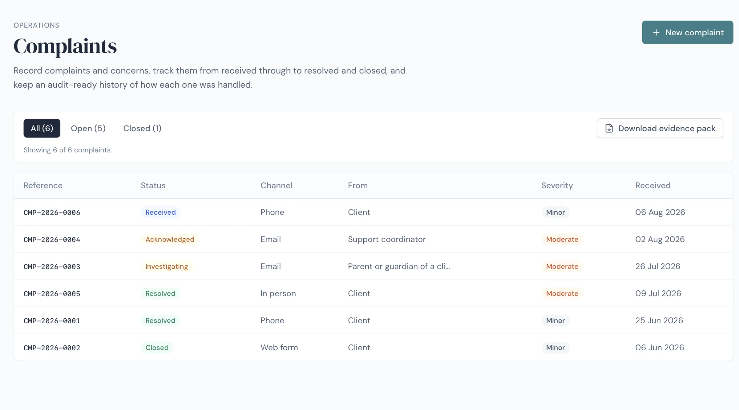 Accorda complaints register showing status, owner and resolution history