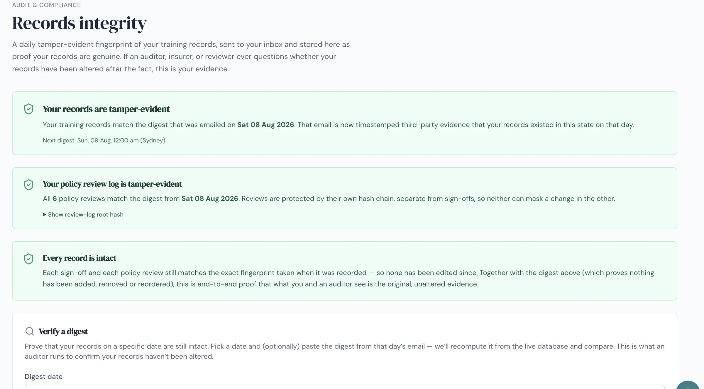 Accorda records integrity page showing tamper-evident training records, a tamper-evident policy review log and a digest verifier